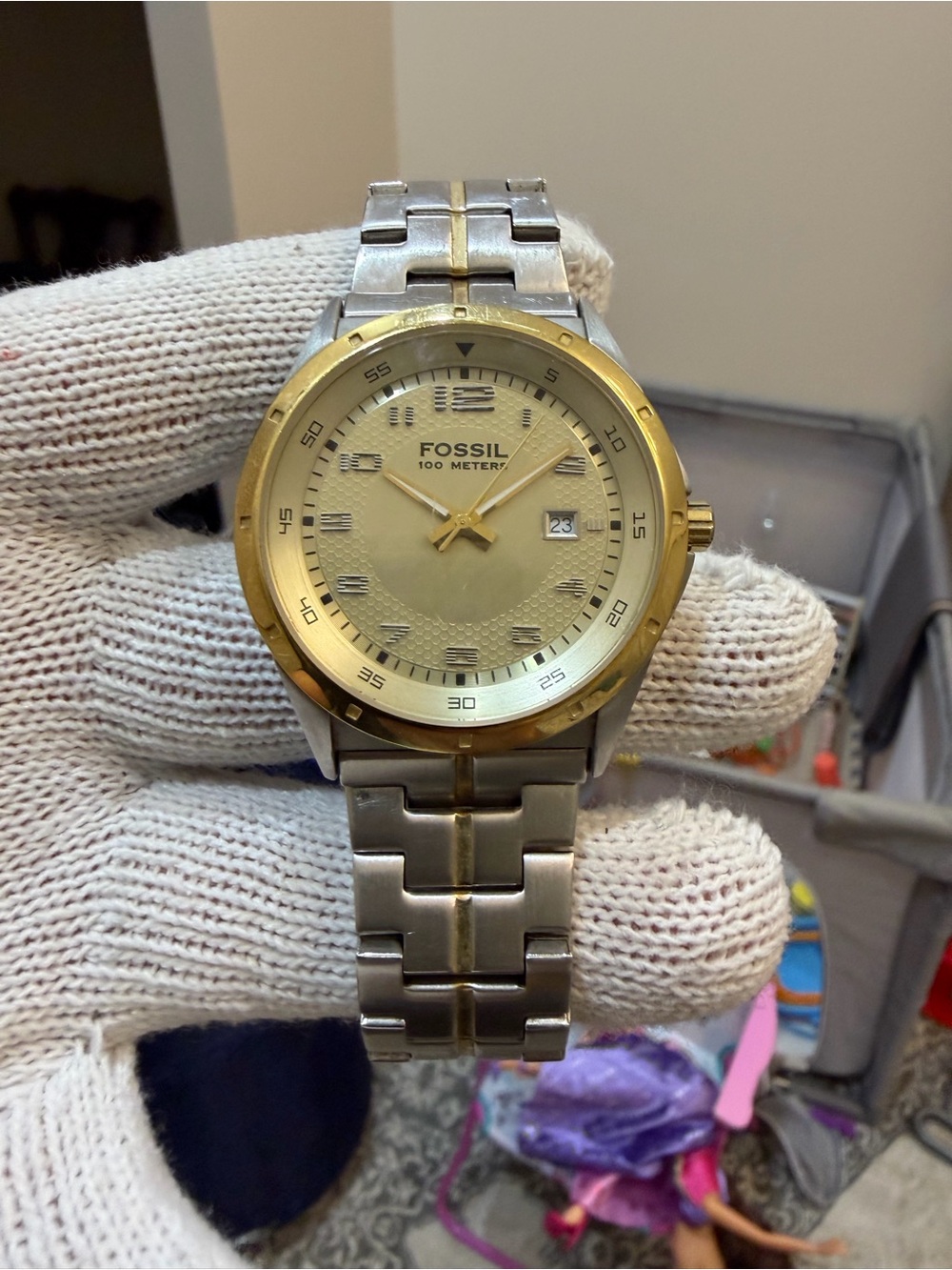 Fossil PR-5363 Men's 100M Two-Tone Stainless Steel Gold Honeycomb Dial Watch